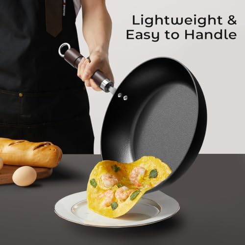 Carbon Steel Frying Pan, Pre-Seasoned 11-Inch Cooking Skillet Wooden