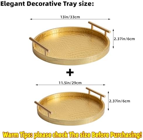 Modern Decorative Tray Set of 2, Wooden Round Crocodile Leather Tray