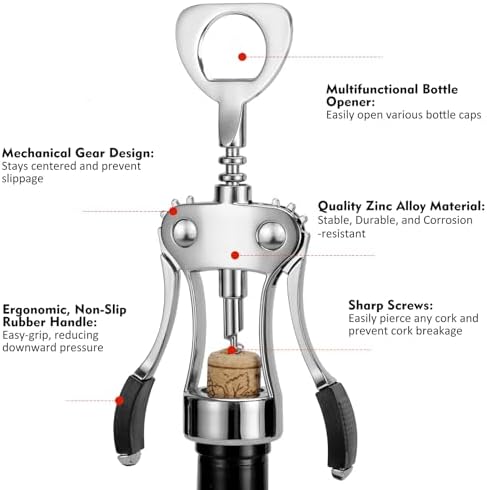 KORCCI Wine Opener, Heavy-Duty Zinc Alloy Wing Corkscrew, Premium Beer