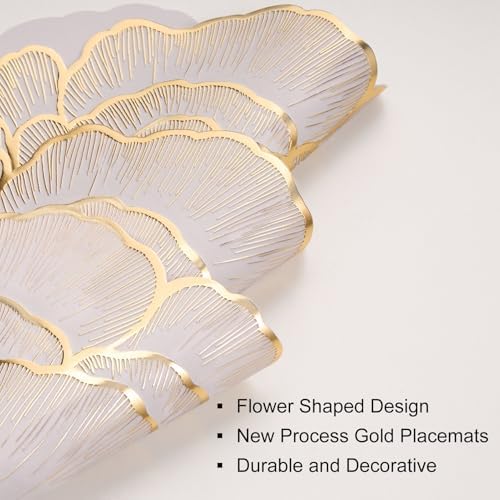 Evevda 15 Inch Gold Floral Shaped Vinyl Placemats for Dinner Table Set