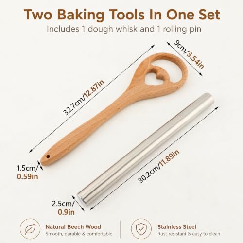 13 Inch Danish Dough Whisk, Wooden Dough Mixer for Sourdough Bread