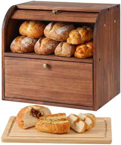 Sunhoo Wooden Bread Box for Kitchen Countertop, Roll Top Breadbox, Brown