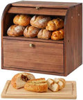 Sunhoo Wooden Bread Box for Kitchen Countertop, Roll Top Breadbox, Brown