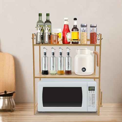 2-Tier Bamboo Microwave Shelf with 4 Hooks