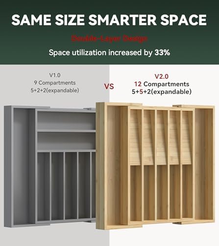 Expandable Silverware Drawer Organizer for Utensil,Bamboo 12 Slot