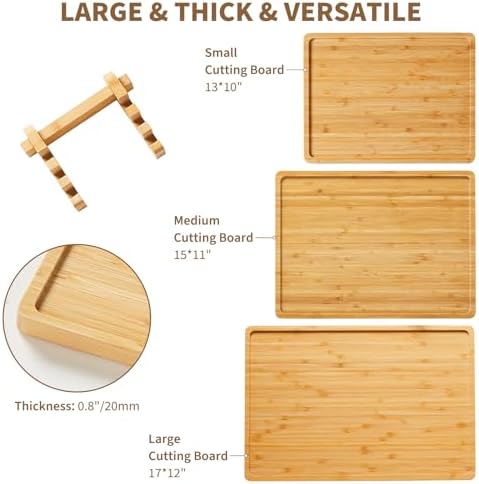 3 Pieces Bamboo Cutting Board for Kitchen with Holder, Thick Kitchen