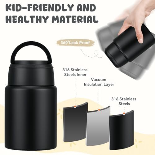 Aimsnk Soup Thermo for Hot Food Kids Insulated Food Jar, Black-Pure