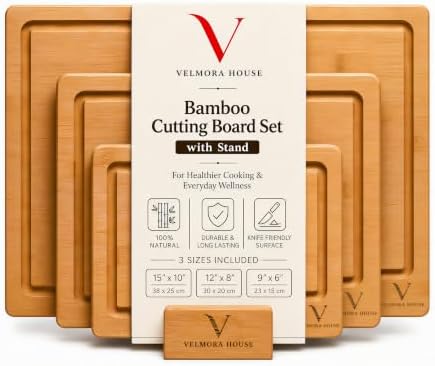 3-Piece Bamboo Cutting Board Set with Storage Stand, Carbonized Bamboo