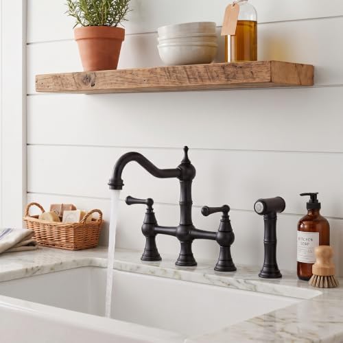 WOWOW Brass Bridge Kitchen Faucet with Side Sprayer, Matte Black