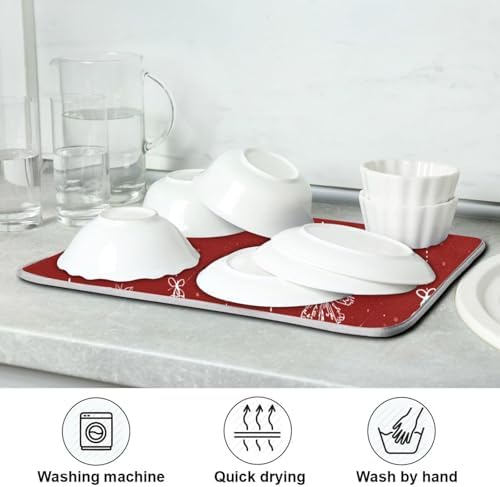 OTVEE Festive Red Ornaments Dish Drying Mat for Kitchen Counter