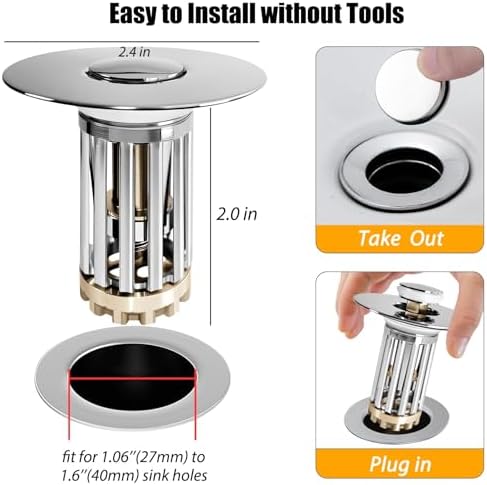 Anlige Bathroom Sink Drain Strainer, 2PCS 3in1 Pop Up Bathroom Sink