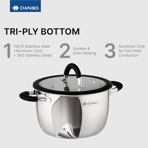Daniks Orlando 10-Piece Stainless Steel Cookware Set with Glass Lids, Includes Saucepan, Tri-Ply Bases for Even Heating, Induction Compatible, Dishwasher Safe, Heatproof Handles