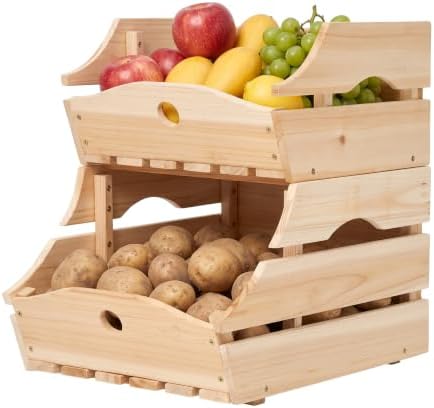 Stackable Wooden Storage Bins, Kitchen Counter Organizer with Handles