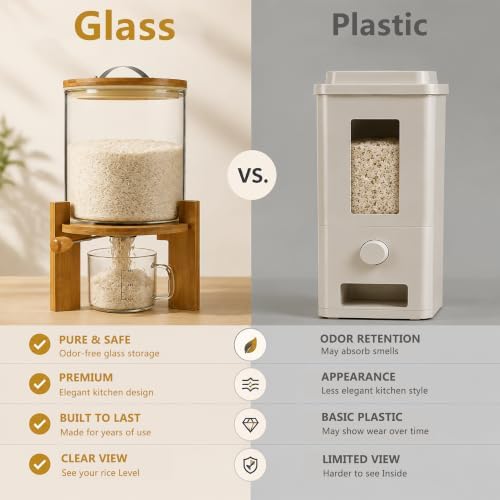 Rice Dispenser, Rice Storage Container：Flour and Cereal Container with Airtight Lid and Wooden Stand, Glass Food Storge Container for Kitchen Organization and Pantry Store (5L)