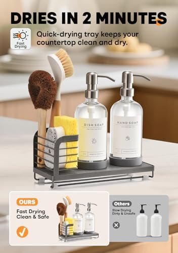 Kitchen Soap Dispenser Set with Drying Tray, 16oz Glass Bottles