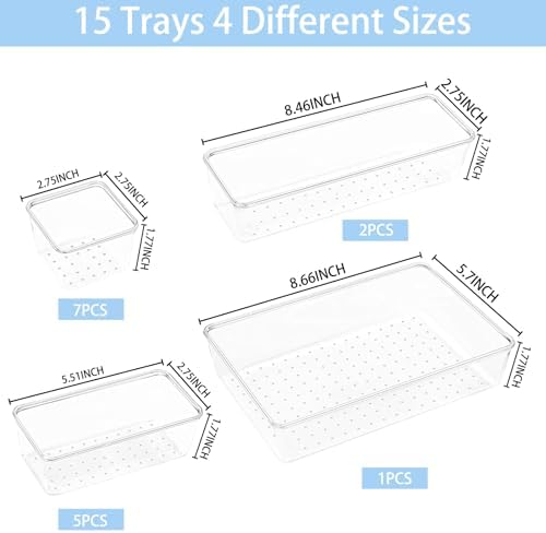 Manalete 15 Pcs Clear Plastic Drawer Organizer, Makeup & Vanity