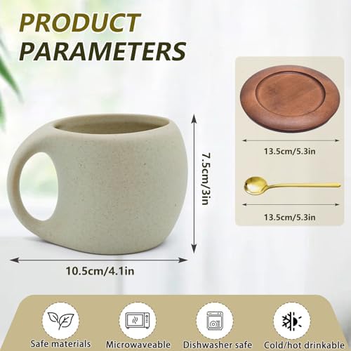 Ceramic Coffee Mug with Natural Wood Saucer & Spoon, 8.5oz Rustic