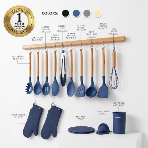 OVENTE Silicone Cooking Utensils Set, 17pcs, Heat Resistant, Blue