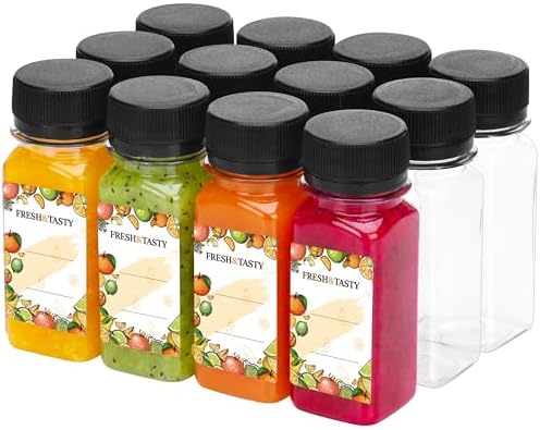 TOMNK 12 Pack 2 OZ Plastic Shot Juice Bottles with Caps, Sticker