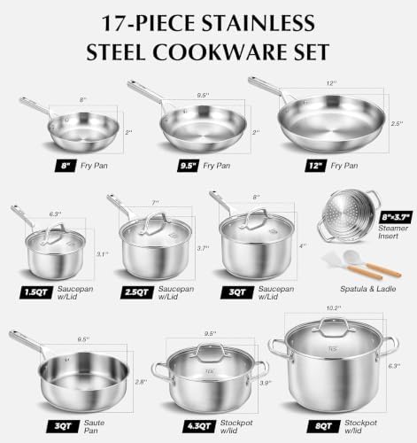 KOCH SYSTEME CS Stainless Steel Cookware Set 17 Piece, 5 Ply Base Cookware