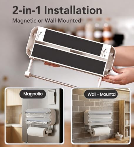 3-in-1 Kitchen Wrap Dispenser with Cutter and Paper Towel Holder, Aluminum Foil Organizer and Storage, Kitchen Countertop Space Saving Organization