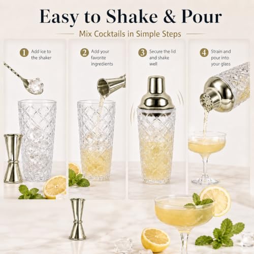 16 Oz Glass Cocktail Shaker Set with Built-in Strainer Crystal