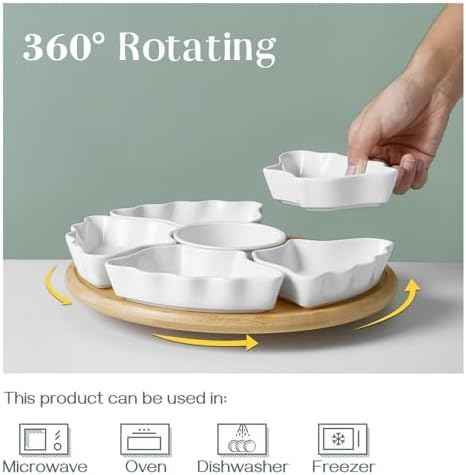 DOWAN 360° Rotatable Serving Tray and Platters, 12 Inch Divided Serving Bowls for Party, Kitchen Decor, Removable Serving Dishes for Chips and Dip, Fruit, Veggies, Candy and Snacks, 7 Pieces, White