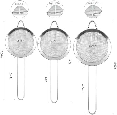 3 Pack Fine Mesh Strainer, Small Stainless Steel Sieves with Handles