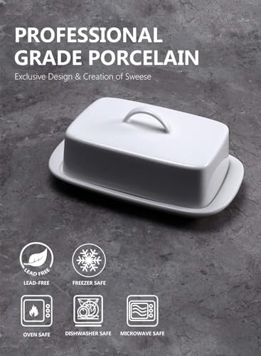 Sweese Large Butter Dish with Lid for Countertop, Porcelain 8oz Butter