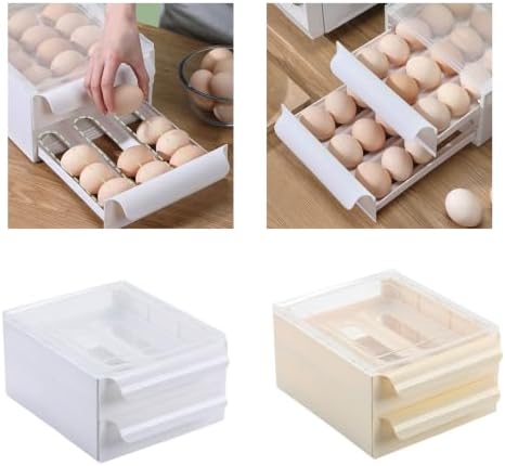Eggs Dispenser with Double Drawers for Refrigerator, Cream Color