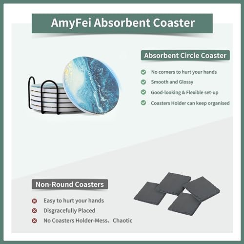 Ceramic Coasters Set of 6 with Holder, Absorbent, 4" Marble Blue Ocean