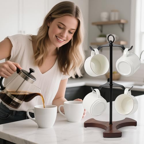 Coffee Mug Tree,Solid Wood Base Y Shape 6 Iron Hooks