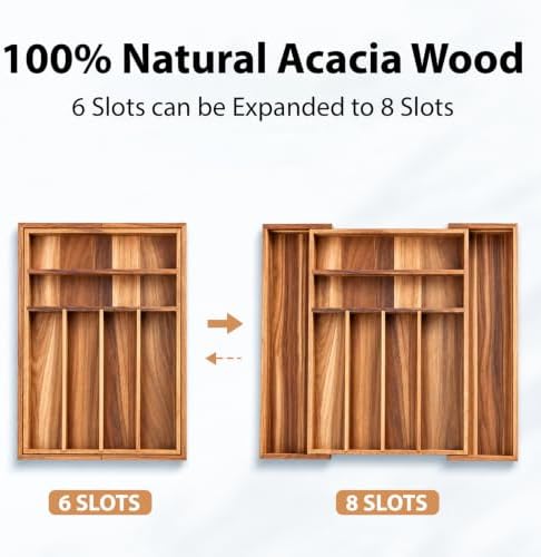 KITEISCAT Acacia Wood Expandable Silverware Organizer, Kitchen Utensil
