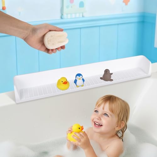 Bathtub Splash Guard for Tub Kids, 31 Inch White Bath Play Shelf
