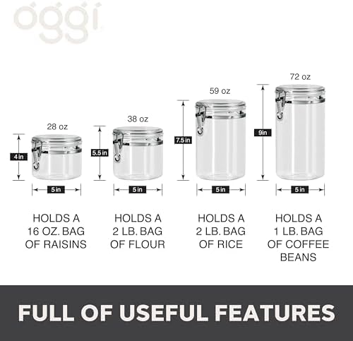 Oggi 4pc Clear Canister Set with Clamp Lids Airtight Containers in