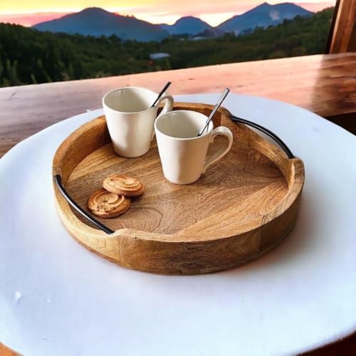 Medium Rustic Round Wooden Serving Tray 10x10x2 Inches - Handcrafted