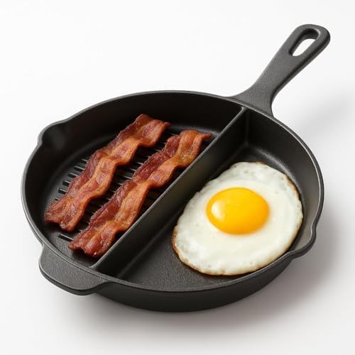 10 Inch Cast Iron Skillet-Breakfast Fry Pan-Divided 2 in 1 Half Grill-Eggs, Bacon, Steak-Heavy Duty Cast Iron Skillet