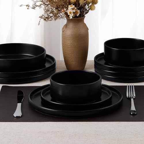 E-far Black Dinnerware Sets for 8, 24-Piece Stoneware Plates and Bowls Sets