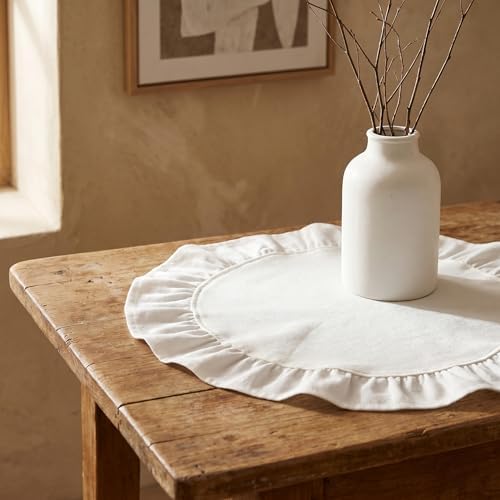 Round Ruffled Linen Blend Placemats, 15 Inch Scalloped Table Mats, Set