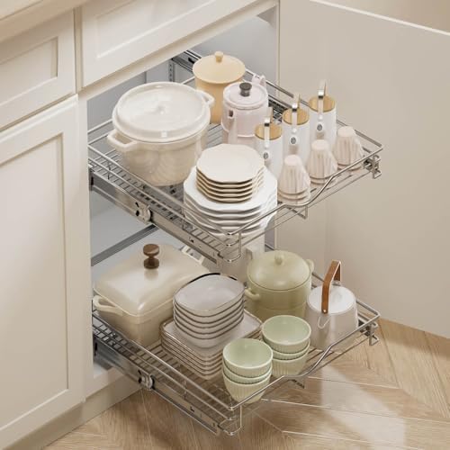 DINDON 2 Tier Pull Out Cabinet Organizer (17" W x 18" D) Heavy-Duty