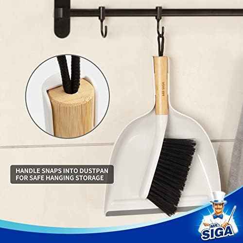 MR.SIGA Dustpan and Brush Set, Bamboo Handle, White
