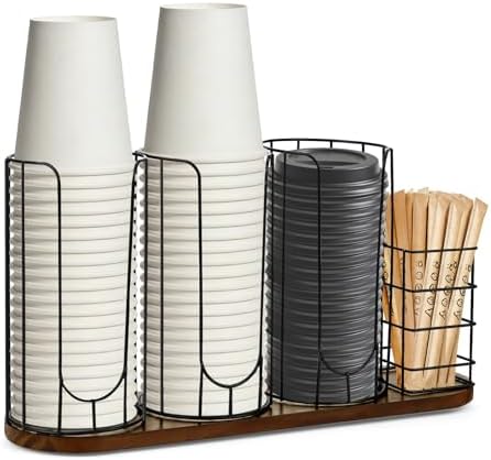 4-Compartment 18oz Coffee Cup Dispenser Rack with Wood Base