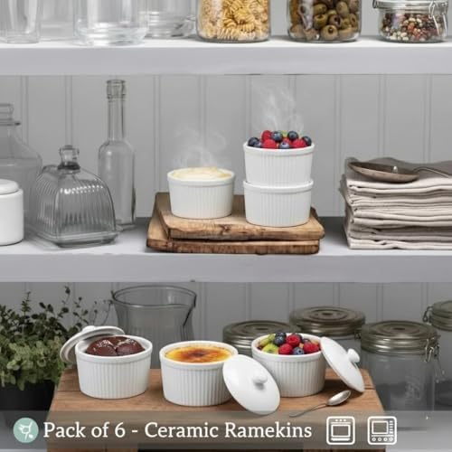 Ceramic Ramekins with Porcelain Lids, 6 Oz Creme Brulee, Souffle