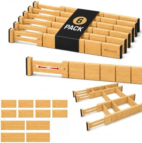 6 Pack Bamboo Drawer Dividers with 12 Inserts, Adjustable 17–22 Inch