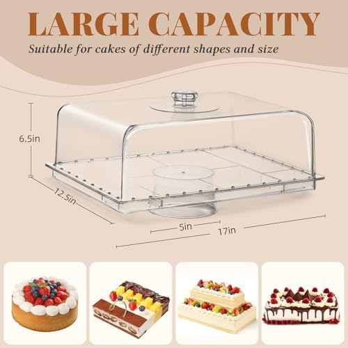 Cake Stand with Lid-Large 17" Rectangular Cake Holder,Acrylic BPA Free