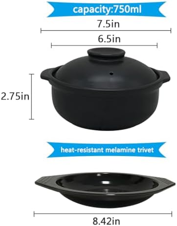 Black Stoneware Casserole Clay Pot With Lid And Tray For Soup, Bakeand