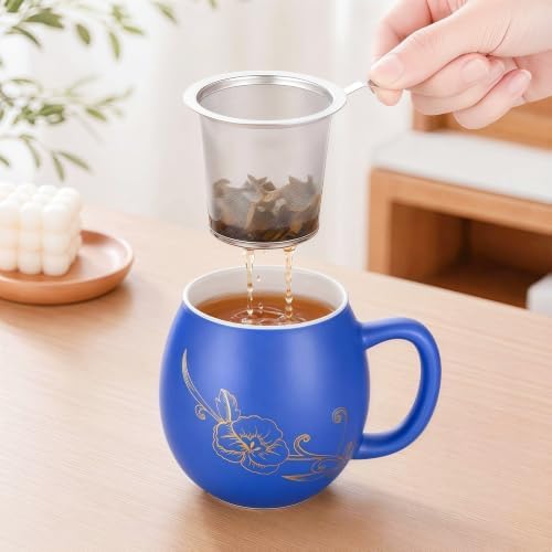 Yundu 12 OZ Ceramic Mug with Lid & Tea Strainer - Matte Blue Tea Cup