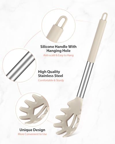 Silicone Spaghetti Spoon and Pasta Tong Set, Khaki