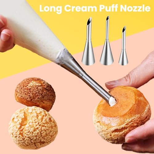 Kasmoire 3Pcs Cream Icing Piping Nozzle Tips,Stainless Steel Long Puff