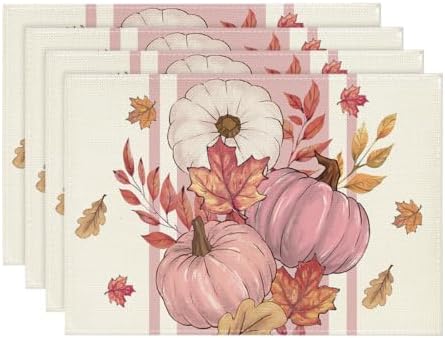 Artoid Mode Pink Pumpkin Maple Leaf Fall Placemats Set of 4-12